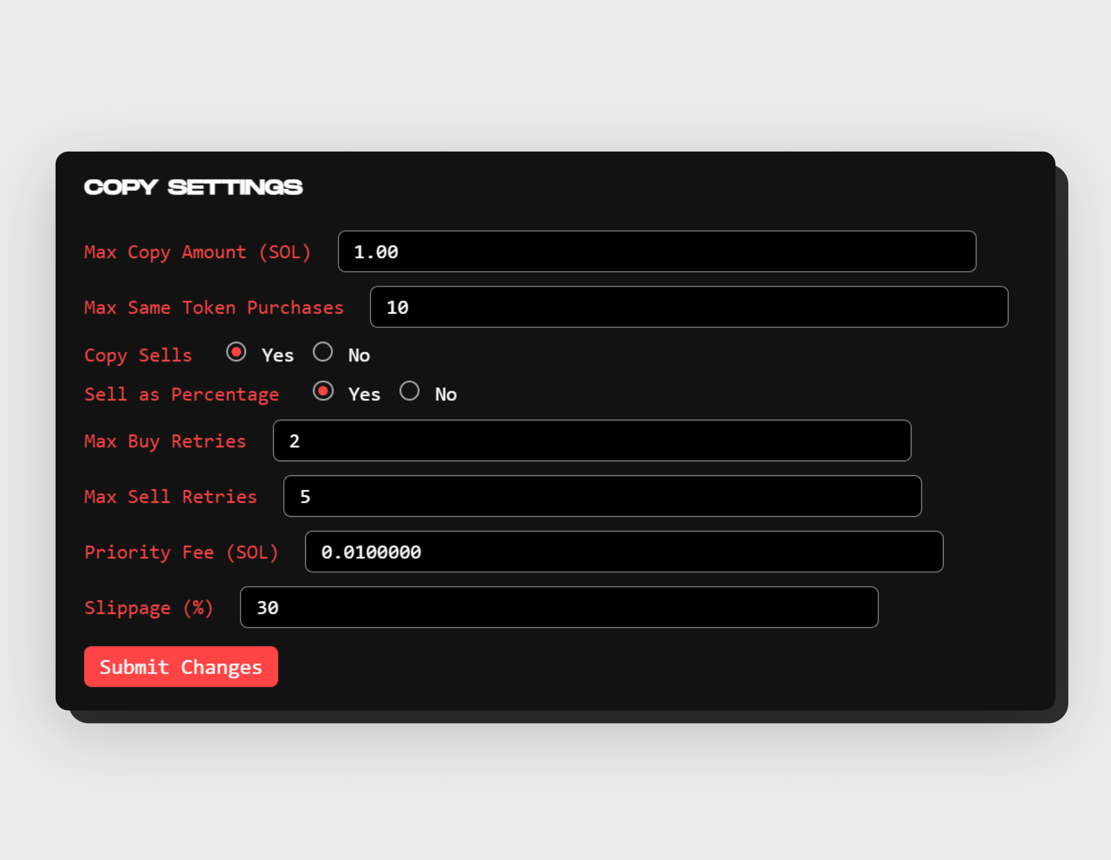 Preview of the configurations for the copytrade bot